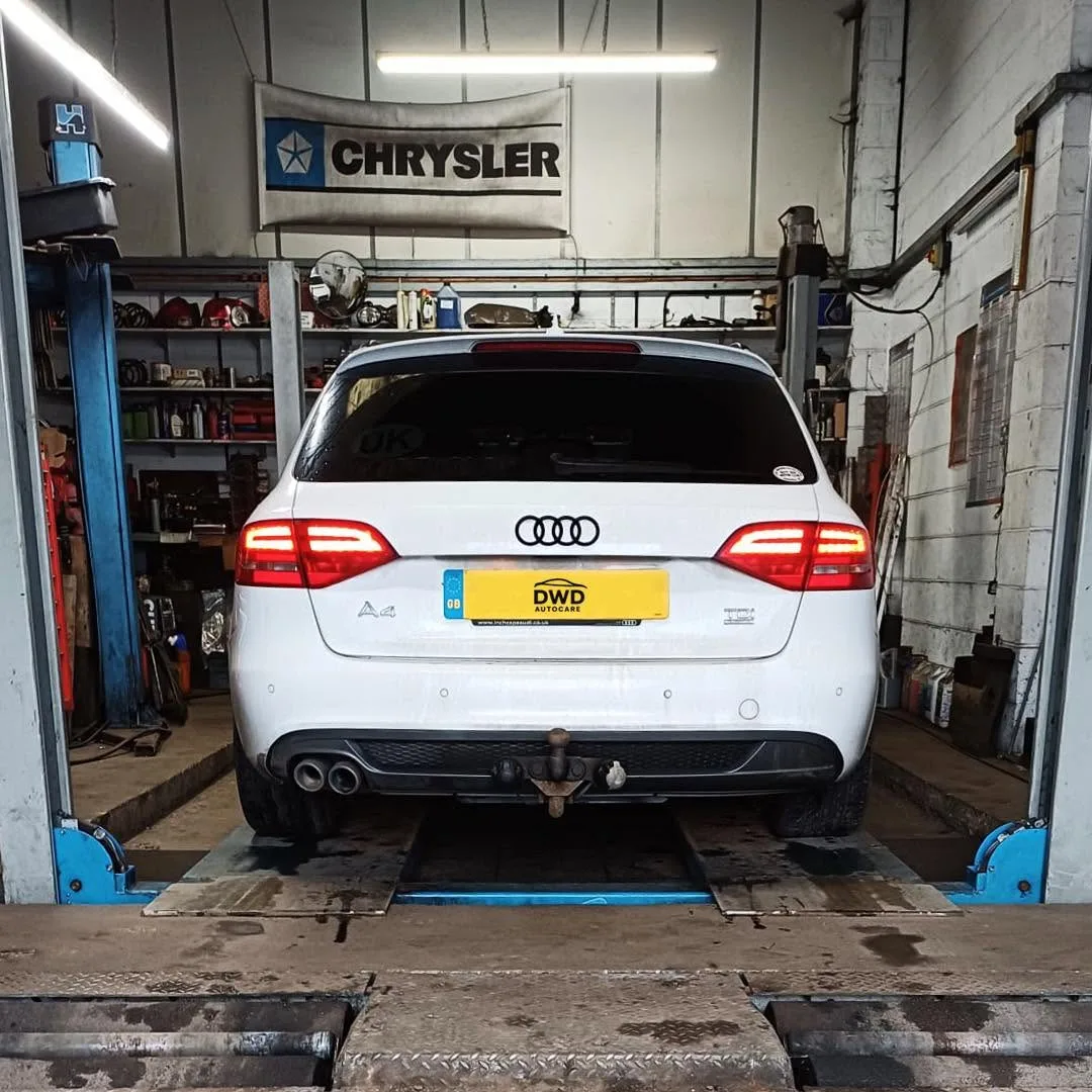 Vehicle raised on the ramp at the DWD Autocare workshop in Fulbeck